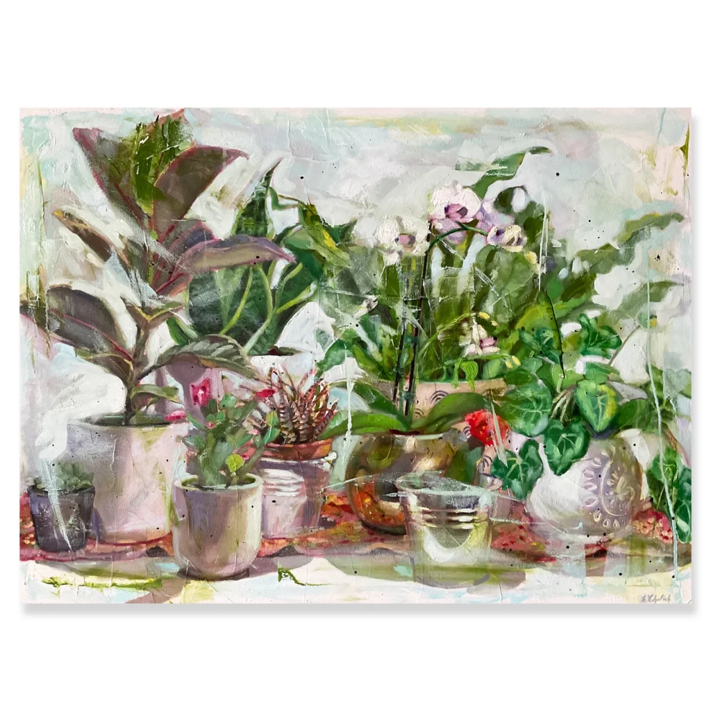 Erika Cholich: Potted Houseplantss, 2022 Oil on birch-board. Image Size: 56cm x 76cm.