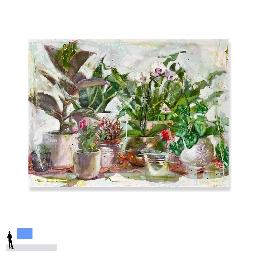 Erika Cholich: Potted houseplants, 2022 Oil on birch-board. Image Size: 56cm x 76cm