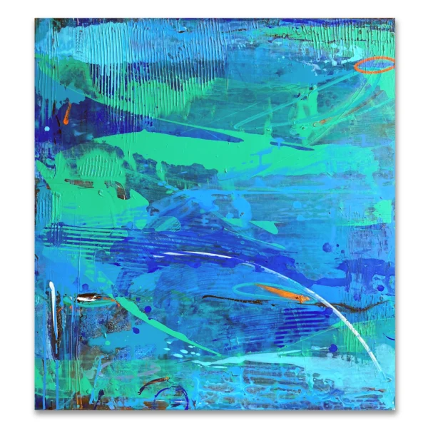 Judy Trick - Floating in Blue II, 2024 Mixed-media on canvas. (Stretched). Image Size: 92x84cm. Artsite Contemporary Sydney Australia.