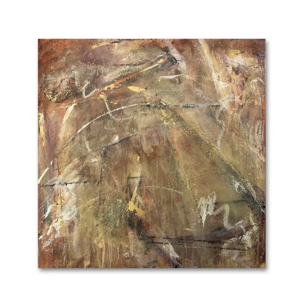 Judy Trick: Arrernte Trail, 2024 Mixed-media on canvas. 92 cm x 92 cm. JUDY TRICK | Unearthed. Artsite Contemporary Galleries 03 – 25 August 2024