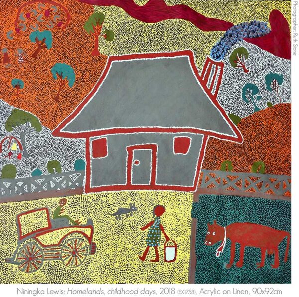 Niningka Lewis Homelands, childhood days, 2018 (EX1758) Acrylic on Linen, 90x92cm