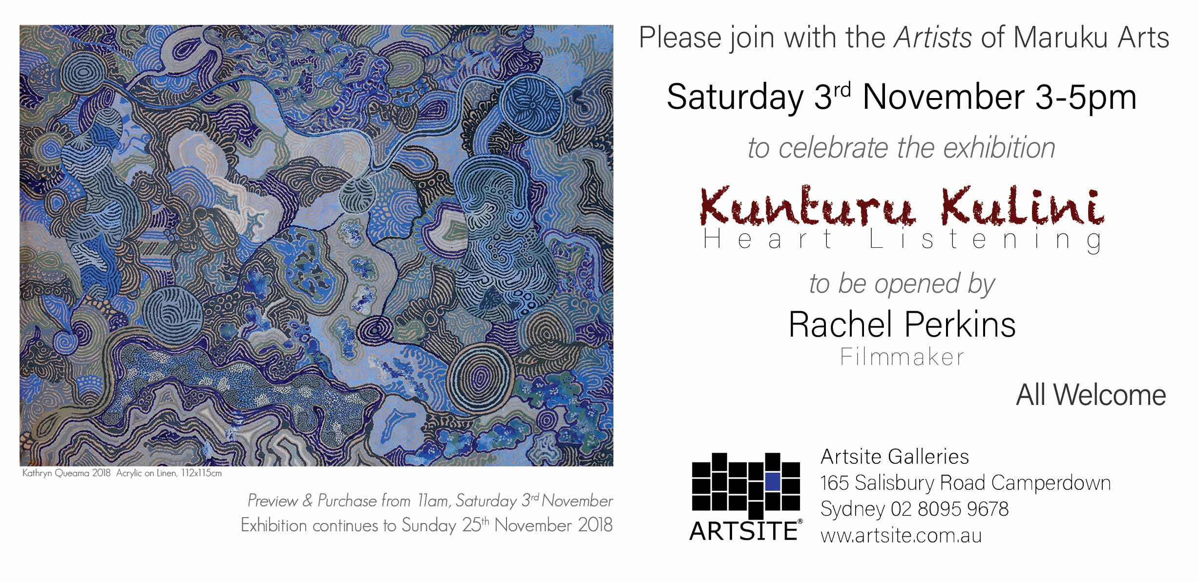 Kunturu Kulini (Heart Listening) ~ Maruku Artists | Rene Kulitja | Lucinda James | Francine Kulitja | Kathryn Queama | Margaret Cotchilli | Niningka Lewis | Selina Kulitja | Yuka Trigger | Freda Teamay | Nelly Patterson | Beryl DeRose | Marlene Connelly. Artsite Contemporary 03-25 November 2018. Launch of The Uluru Statement of the Heart in NSW.