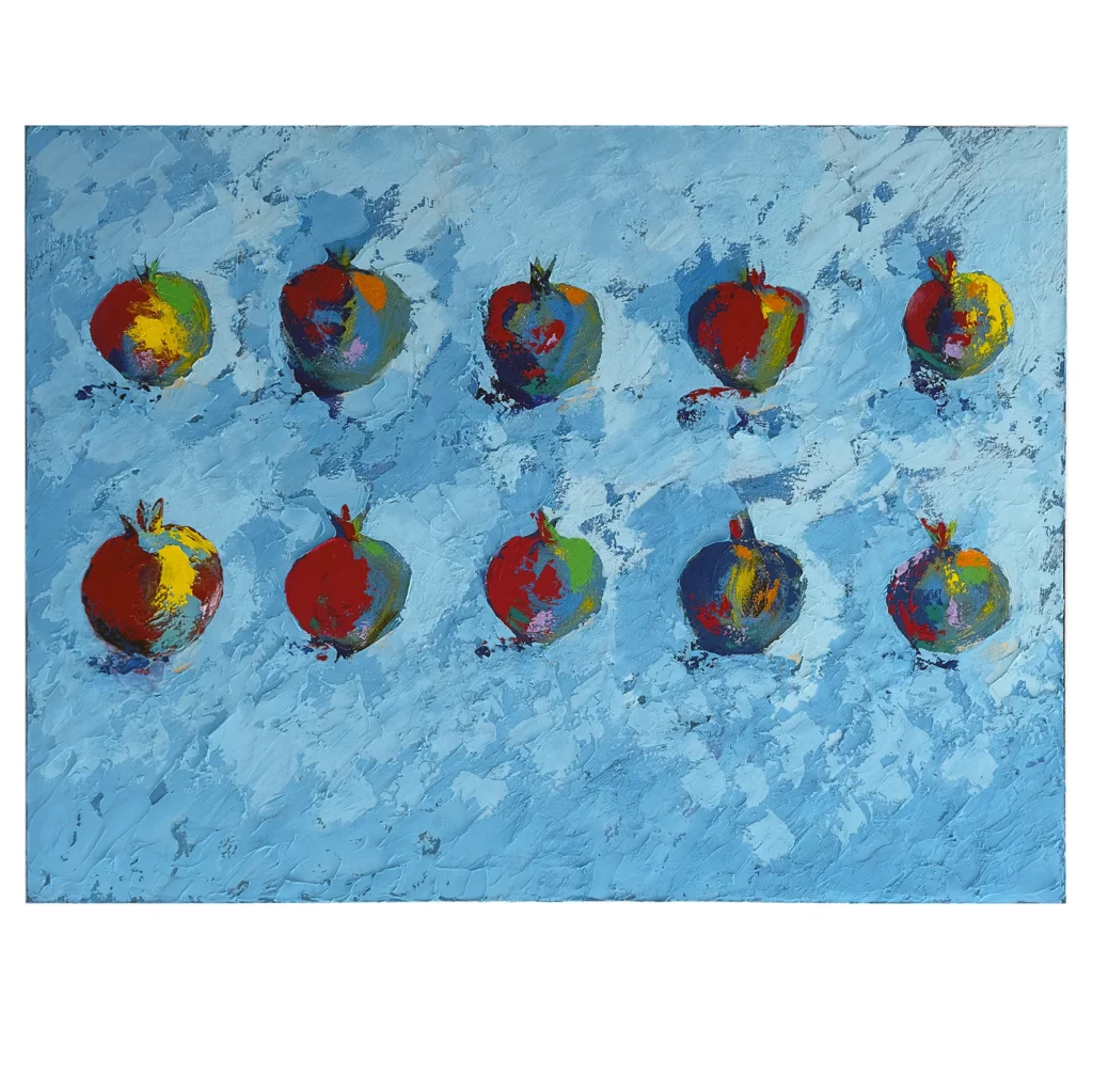 Madeleine Tuckfield-Carrano: Summer Pomegranates #II, 2021 Acrylic/mixed Media on Canvas. 90x120cm