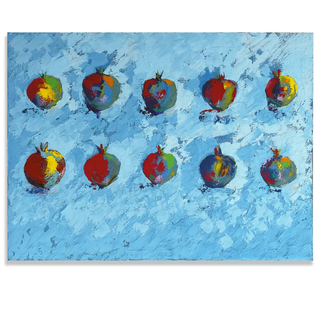 Madeleine Tuckfield-Carrano: Summer Pomegranates #II, 2021 Acrylic/mixed Media on Canvas. 90x120cm