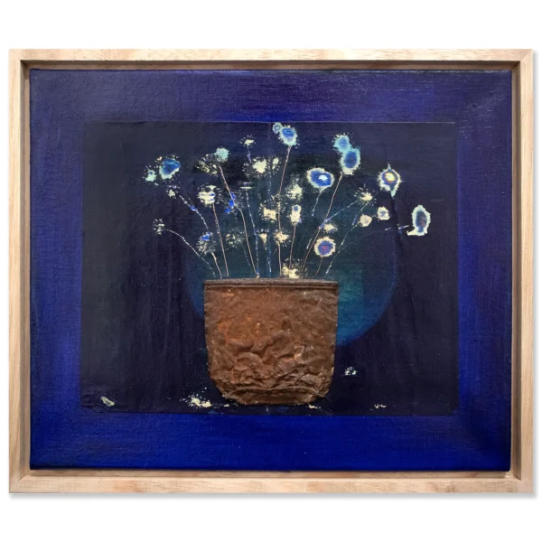 Madeleine Tuckfield-Carrano: Backyard Valentine, 2024. Mixed Media, found object, copper wire on canvas. Framed: 33x28cm.