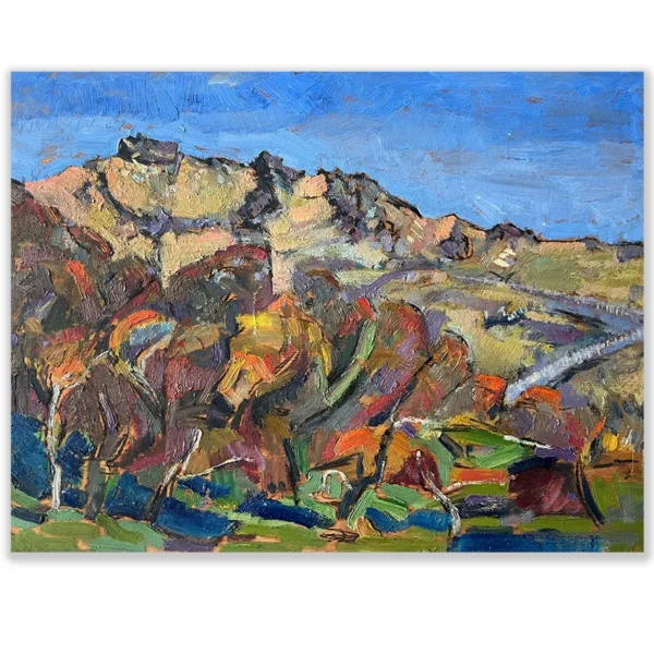 Daniel Pata: Ridges above Ngarigo. Alpine way, 2024 Oil on panel. Image: 30x40cm. Framed: 43x52cm Ngarigo has a camping ground, along the snowy river