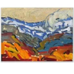 Daniel Pata: Last of the snow, Thredbo, 2023 Oil on panel. Image: 20x30cm. UF. A wonderful view from Thredbo Lodge of the steep valley, comfortably protected from the elements.