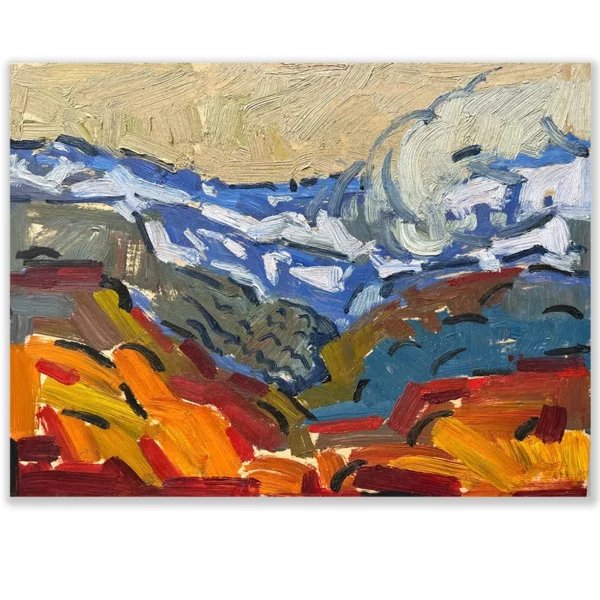 Daniel Pata: Last of the snow, Thredbo, 2023 Oil on panel. Image: 20x30cm. UF. A wonderful view from Thredbo Lodge of the steep valley, comfortably protected from the elements.
