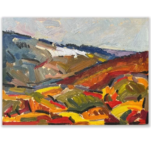 Daniel Pata: Last of the snow, Thredbo II, 2023 Oil on panel. Image: 20x30cm. Unframed.