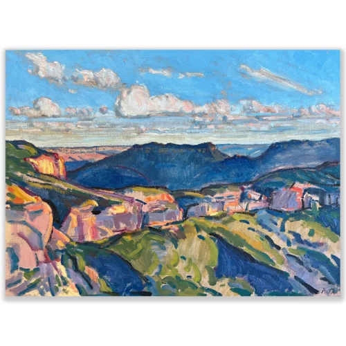 Daniel Pata: Mount solitary, Jamison valley, 2025 Oil on Linen. Image: 46x62cm. Unframed Any view of Mt. Solitary is exciting beautifully placed by massive surrounding valleys.