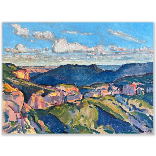 Daniel Pata: Mount solitary, Jamison valley, 2025 Oil on Linen. Image: 46x62cm. Unframed Any view of Mt. Solitary is exciting beautifully placed by massive surrounding valleys.