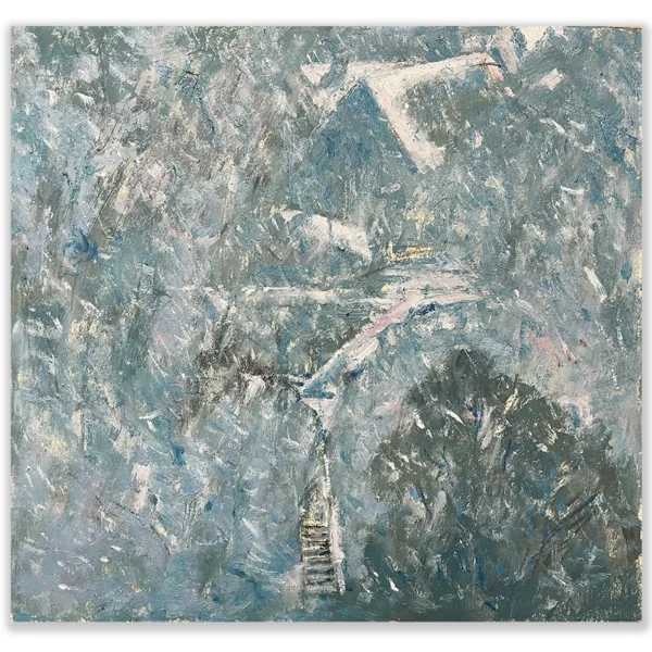 Daniel Pata: Blizzard in Thredbo, 2025 Oil on acid free board. Image: 36x38cm. Framed size: 49x50cm