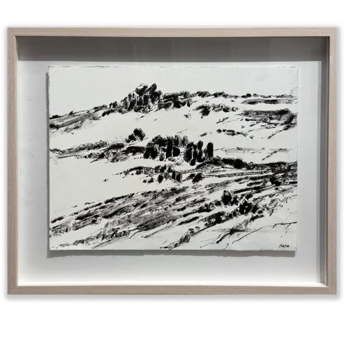 Daniel Pata: Granite outcrops, near the Eagles nest, Crackenback, 2024 Ink on paper. Image: 30x40cm. Framed: 42x52cm