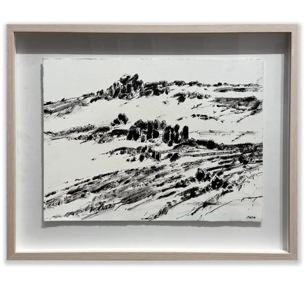 Daniel Pata: Granite outcrops, near the Eagles nest, Crackenback, 2024 Ink on paper. Image: 30x40cm. Framed: 42x52cm