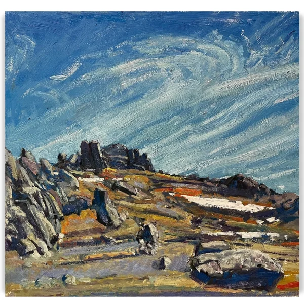 Daniel Pata: The swirling winds of Mt. Crackenback, 2025 Oil on acid free board. Image: 36x38cm. Framed size: 49x50cm