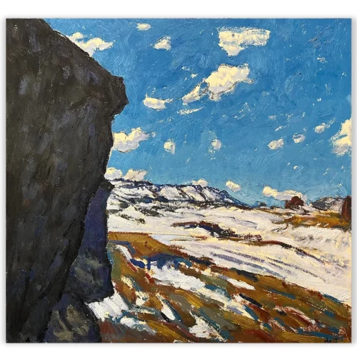 Daniel Pata: The great contrasts of alpine landscape, 2025 Oil on acid free board. Image: 36x38cm. Framed size: 49x50cm