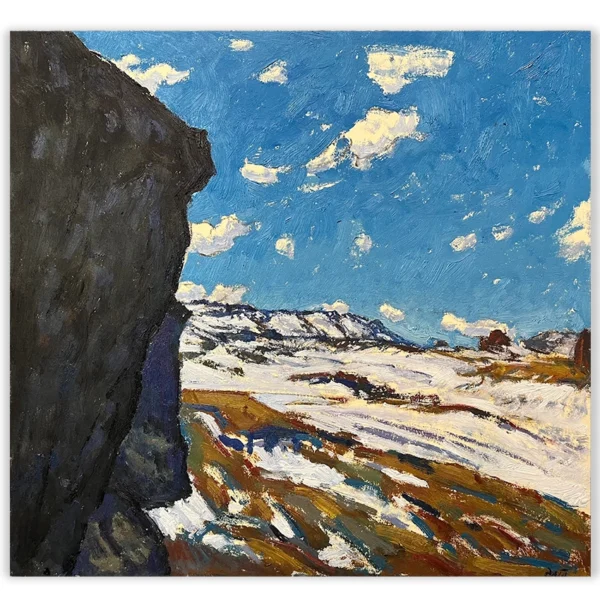 Daniel Pata: The great contrasts of alpine landscape, 2025 Oil on acid free board. Image: 36x38cm. Framed size: 49x50cm