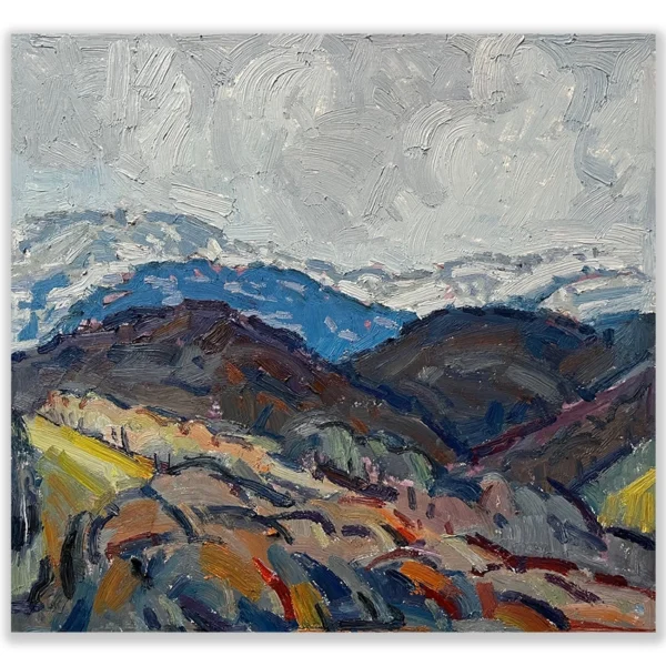 Daniel Pata: Cold, wind & storms approaching Mt. Crackenback, 2025 Oil on acid free board. Image: 36x38cm. Framed size: 49x50cm We ended up with a blizzard, it changes everything