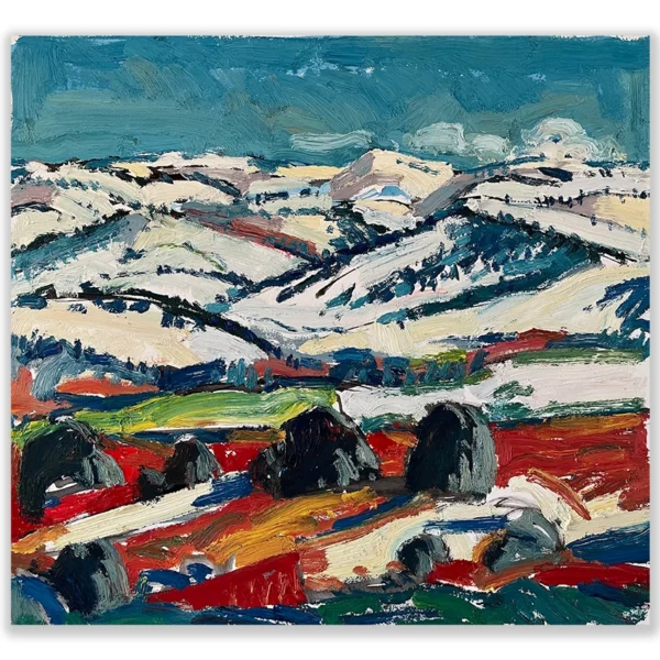 Daniel Pata: Valley of Kosciusko, 2025 Oil on acid free board. Image: 36x38cm. Framed size: 49x50cm.