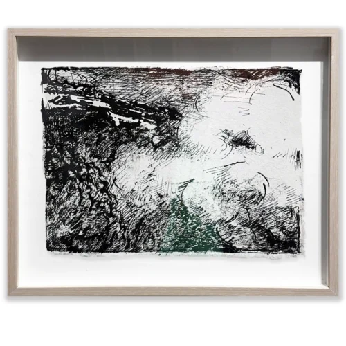 Daniel Pata: Cloud invasion, 2024 Ink on paper. Image: 15x21cm. Framed: 28x33cm Dramatic cloud invades the mountain obscuring the landscape.