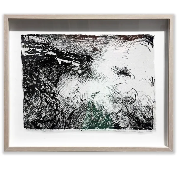 Daniel Pata: Cloud invasion, 2024 Ink on paper. Image: 15x21cm. Framed: 28x33cm Dramatic cloud invades the mountain obscuring the landscape.