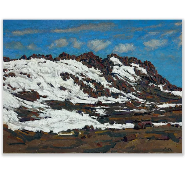 Daniel Pata: Snow pockets, Crackenback, 2025 Oil on linen. 64x62cm Unframed.