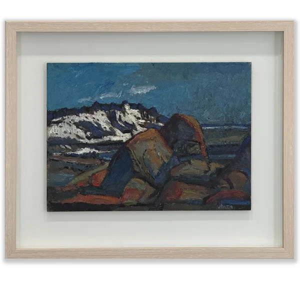 Daniel Pata: Granite outcrop, Mt. Crackenback., 2024 Oil on board. Image: 21x29.5cm. Framed: 33.5x42cm