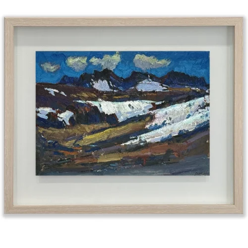 Daniel Pata: The dance of snow and clouds, 2024 Oil on board. Image: 21x29.5cm. Framed: 33.5x32cm