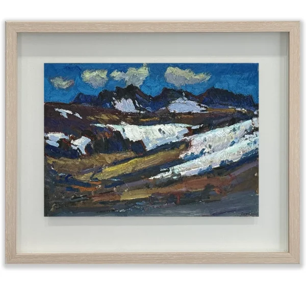 Daniel Pata: The dance of snow and clouds, 2024 Oil on board. Image: 21x29.5cm. Framed: 33.5x32cm