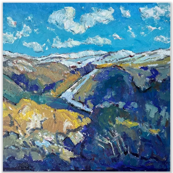 Daniel Pata: Thredbo piste, 2025 Oil on acid free board. Image: 36x38cm. Framed size: 49x50cm