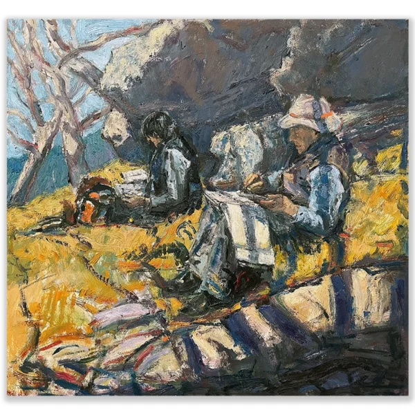 Daniel Pata: Elizabeth and Ann amongst trees & granite, Mt Crackenback, 2025 Oil on board. Image: 36x38cm. Framed: 49x50cm The mount Crackenback area is spectacular.