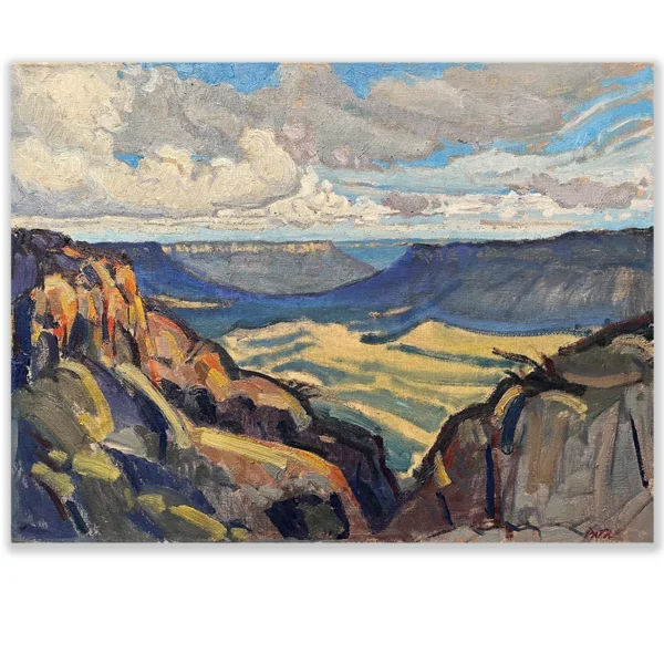 Daniel Pata: Valleys of the Blue mountains, 2025 Oil on Linen. Image: 46x62cm. Unframed This is one of my favourite views of Jameson valley in the Blue Mountains.