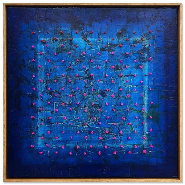 Madeleine Tuckfield-Carrano: Dawn Mirage, 2024 Acrylic/mixed media on canvas, 56x56cm. Framed.