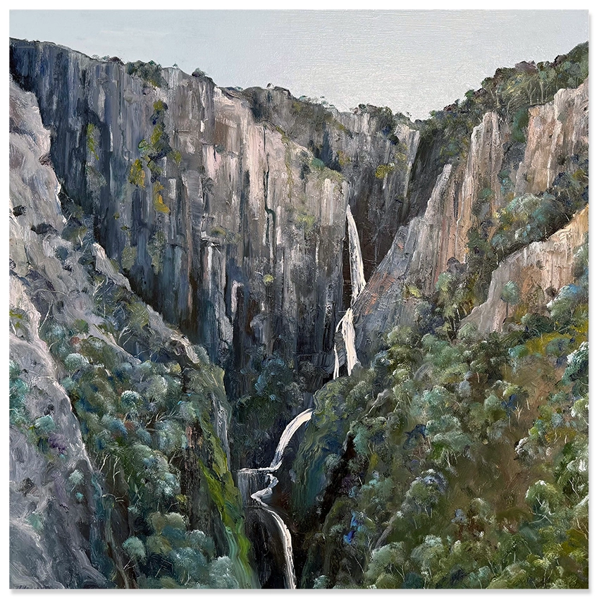 David Manks: Wollomombi Falls, 2025. Oil on canvas, 76x76cm. UnFramed.