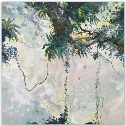David Manks: Vines, 2024. Oil on canvas Framed. 76x76cm. Walking through a rainforest, is an immersive experience... in looking up, your eyes search for light in a break in the canopy. In doing so, the myriads of vines and tree trunks create lineal patterns against the sky that can be lyrical and fascinating... delicate and fragile as they lead the eye across the canopy.