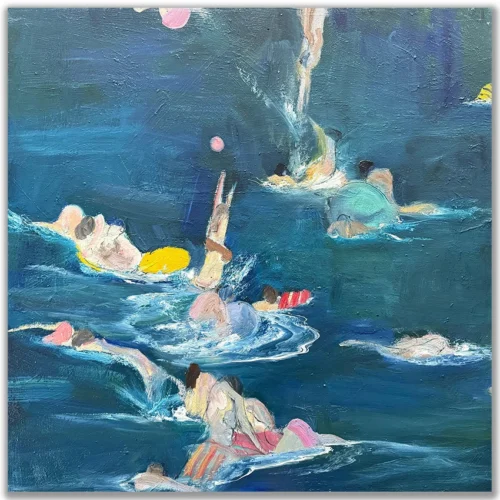 David Manks: Aquatic Frolic, 2024. Oil on canvas. Framed. 90x90cm. Aquatic Frolic' is one of a series of paintings based on time spent swimming at Mosman in Sydney. It was never intended as a literal beach or pool study but more as an attempt at capturing the movement and joy bathers experience in an activity typical of life in Australia. David Manks: Divergence, Solo Exhibition 2025. Artsite Contemporary Gallery Sydney Australia. 10 May – 01 June 2025.