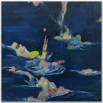 David Manks: Aquatic Frolic, 2024. Oil on canvas. Framed. 90x90cm. Aquatic Frolic' is one of a series of paintings based on time spent swimming at Mosman in Sydney. It was never intended as a literal beach or pool study but more as an attempt at capturing the movement and joy bathers experience in an activity typical of life in Australia. David Manks: Divergence, Solo Exhibition 2025. Artsite Contemporary Gallery Sydney Australia. 10 May – 01 June 2025.
