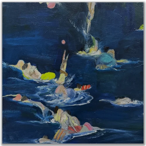 David Manks: Aquatic Frolic, 2024. Oil on canvas. Framed. 90x90cm. Aquatic Frolic' is one of a series of paintings based on time spent swimming at Mosman in Sydney. It was never intended as a literal beach or pool study but more as an attempt at capturing the movement and joy bathers experience in an activity typical of life in Australia. David Manks: Divergence, Solo Exhibition 2025. Artsite Contemporary Gallery Sydney Australia. 10 May – 01 June 2025.