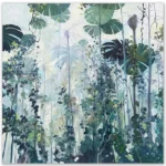 David Manks: Daintree Palms, 2024. Oil on canvas. Framed. 76x76cm. "Daintree Palms" is a painting based on several visits to the Daintree in Far North Queensland. It was the size of the overhanging palm fronds and the primordial feel of this location that inspired me to paint this work. It is not intended as a literal interpretation but a more poetic depiction of the forest environment in many ways exploring the depth and solitude of the forest.