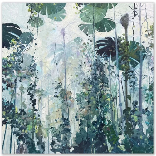 David Manks: Daintree Palms, 2024. Oil on canvas. Framed. 76x76cm. "Daintree Palms" is a painting based on several visits to the Daintree in Far North Queensland. It was the size of the overhanging palm fronds and the primordial feel of this location that inspired me to paint this work. It is not intended as a literal interpretation but a more poetic depiction of the forest environment in many ways exploring the depth and solitude of the forest.