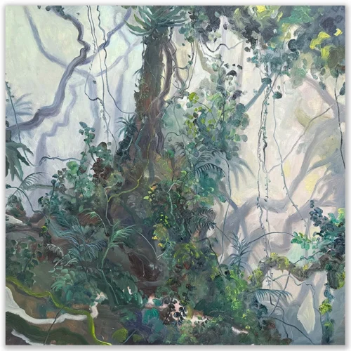 David Manks: Forest Mist, 2024. Oil on canvas. Framed. 76x76cm. David Manks: Divergence, Solo Exhibition 2025. Artsite Contemporary Gallery sSydney Australia. 10 May – 01 June 2025. Forest Mist' is intended to evoke the feelings of the physical aspects of the Dorrigo National Park's rain forest as you walk through it. It was my intention to portray the landscape in its entirety encompassing the ground up with the effect of subdued lighting and mist to convey the feeling of being immersed in the forest.