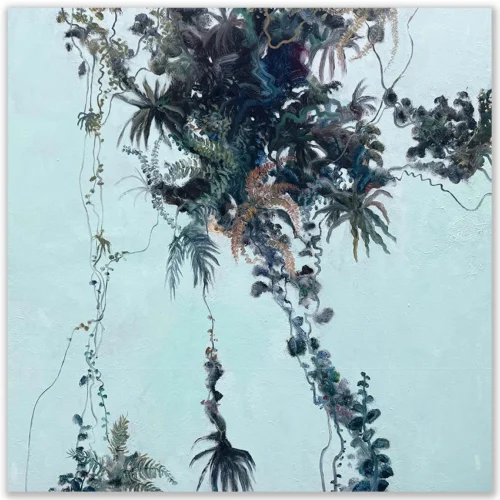 David Manks: Morphing Forest, 2024. Oil on canvas. Framed. 76x76cm. David Manks: Divergence, Solo Exhibition 2025. Artsite Contemporary Gallery sSydney Australia. 10 May – 01 June 2025. During my visits to the Dorrigo National Park, I started to explore the natural metamorphosis - life, death, rejuvenation - occurring in these sub-tropical environments. In many respects 'Morphing Forest' evolved into a 'still life' or even a 'memento mori' to the forest.