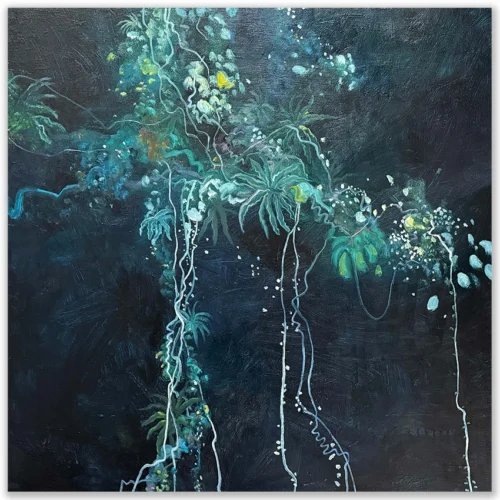 David Manks: Night Garden, 2024. Oil on canvas. Framed. 76x76cm. David Manks: Divergence, Solo Exhibition 2025. Artsite Contemporary Gallery Sydney Australia. 10 May – 01 June 2025. The forest at night morphs into a fantasy world under moon light. The shapes and forms of the foliage emerge from the darkness revealing a surreal like playful dance.