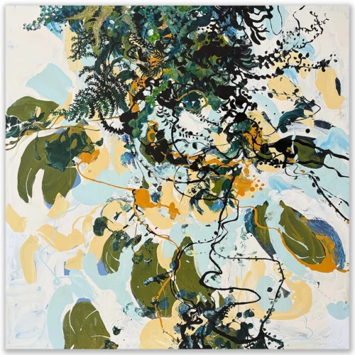 David Manks: Rain Forest, 2024. Oil on Pinewood/board. Framed. 80x80cm. David Manks: Divergence, Solo Exhibition 2025. Artsite Contemporary Gallery Sydney Australia. 10 May – 01 June 2025. Working with quick drying enamel oil paint to capture the immersive experience of the Daintree rain forest looking upwards from below, required an element of pre-emptive thinking and planning which left little room for mistakes.