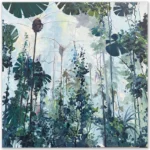 David Manks: Rain Forrest Walk, 2025. Oil On Canvas. 76x76cm. David Manks: Divergence, Solo Exhibition 2025. Artsite Contemporary Gallery Sydney Australia. 10 May – 01 June 2025. This work is based on the Daintree in North Queensland however, compositionally the viewers gaze is projected vertically. The colour palate has been reduced to predominantly cool greens and blues which enhances the subdued sunlight reflected within the rainforest.