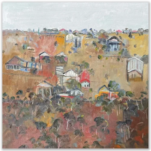 David Manks: The Next Horizon, Uralla, 2025. Oil on Pinewood/board. Framed. 76x76cm. My response to the openness of the New England landscape led to the horizon and perspective in this work being deliberately distorted/flattened out, to emphasise the feeling of endlessness in the landscape. The human made structures step the viewers eye towards the distance. David Manks: Divergence, Solo Exhibition 2025. Artsite Contemporary Gallery Sydney Australia. 10 May – 01 June 2025.