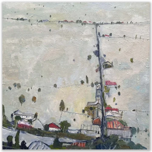 David Manks: Uralla Country, 2024. Oil on Pinewood/board. 90x90cm. Uralla is a small rural town located in the New England region of New South Wales. The straight roads extending in all directions from the centre of town provided the inspiration for this work. The composition is a 'flattened' landscape, where traditional perspective has been shifted, creating a morphing of space and distance. David Manks: Divergence, Solo Exhibition 2025. Artsite Contemporary Gallery Sydney Australia. 10 May – 01 June 2025.