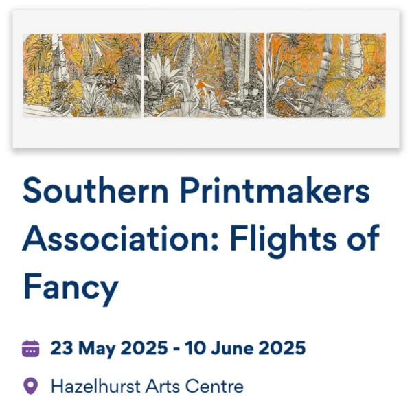 Hazelhurst Arts Centre Featuring Christine Druitt Preston's "in the gloaming" 2024. Southern Printmakers Association: Flights of Fancy 23 May 2025 - 10 June 2025 Hazelhurst Arts Centre Southern Printmakers Association present an exhibition that playfully explores ideas, stories and imaginative suggestions. Featuring Christine Druitt Preston's "in the gloaming" 2024.