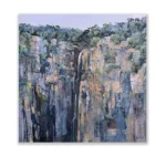 David Manks: Wollomombi Falls, NSW, 2025. Oil on Pinewood/board. Framed. 76x76cm. Captivated by the scale and grandeur of this New England landscape, I simplified the surrounding features in the landscape, emphasising the falling water as it traverses over the cliff to the valley below. David Manks: Divergence, Solo Exhibition 2025. Artsite Contemporary Gallery Sydney Australia. 10 May – 01 June 2025.