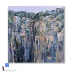 David Manks: Wollomombi Falls, NSW, 2025. Oil on Pinewood/board. Framed. 76x76cm. Captivated by the scale and grandeur of this New England landscape, I simplified the surrounding features in the landscape, emphasising the falling water as it traverses over the cliff to the valley below. David Manks: Divergence, Solo Exhibition 2025. Artsite Contemporary Gallery Sydney Australia. 10 May – 01 June 2025.